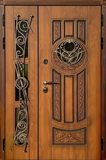 Полуторная термодверь МДФ с остеклением и коваными решетками Полуторная термодверь МДФ с остеклением и коваными решетками