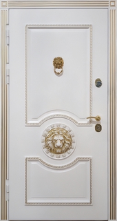 Стальная термодверь белый МДФ RAL с патиной золото и декором «лев»