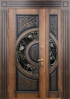 Полуторная термодверь с фигурным остеклением и ковкой «виноград» (отделка МДФ) Полуторная термодверь с фигурным остеклением и ковкой «виноград» (отделка МДФ)