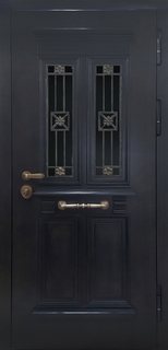 Стальная термодверь с двумя стеклами и коваными решетками (МДФ черного цвета)