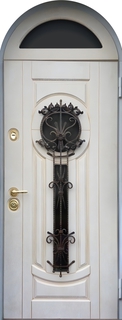 Арочная стальная термодверь с остеклением и кованой решеткой (МДФ шпон с патиной) Арочная стальная термодверь с остеклением и кованой решеткой (МДФ шпон с патиной)