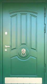 Стальная термодверь с отбойником и кнокером (зеленые панели МДФ RAL) Стальная термодверь с отбойником и кнокером (зеленые панели МДФ RAL)