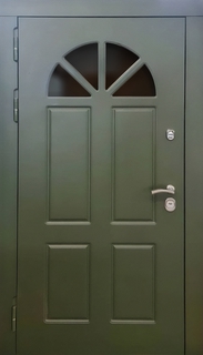 Металлическая термодверь с полукруглым стеклопакетом (отделка МДФ RAL зеленого оттенка) Металлическая термодверь с полукруглым стеклопакетом (отделка МДФ RAL зеленого оттенка)