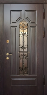 Входная дверь с терморазрывом, со стеклом и ковкой (отделка МДФ шпон) Входная дверь с терморазрывом, со стеклом и ковкой (отделка МДФ шпон)