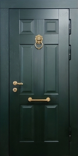 Входная дверь с зелеными панелями МДФ RAL и кнокером Входная дверь с зелеными панелями МДФ RAL и кнокером
