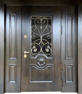 Входная коттеджная группа МДФ шпон с багетом, ковкой и стеклопакетом