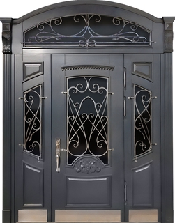 Остекленная входная группа с терморазрывом, решетками и отбойниками (МДФ RAL серый) Остекленная входная группа с терморазрывом, решетками и отбойниками (МДФ RAL серый)